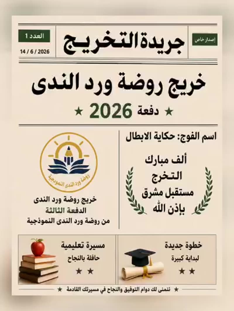 لم تكن جريدة تخريجٍ عابرة، بل ذكرى تحمل بين صفحاتها أجمل اللحظات، وابتسامات أطفالنا، وخطوا…
